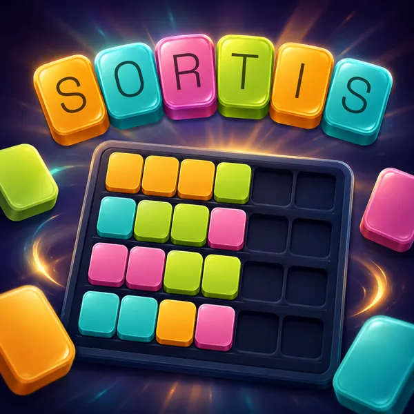 Sortis: coloured letter tiles on a dark board, spelling SORTIS